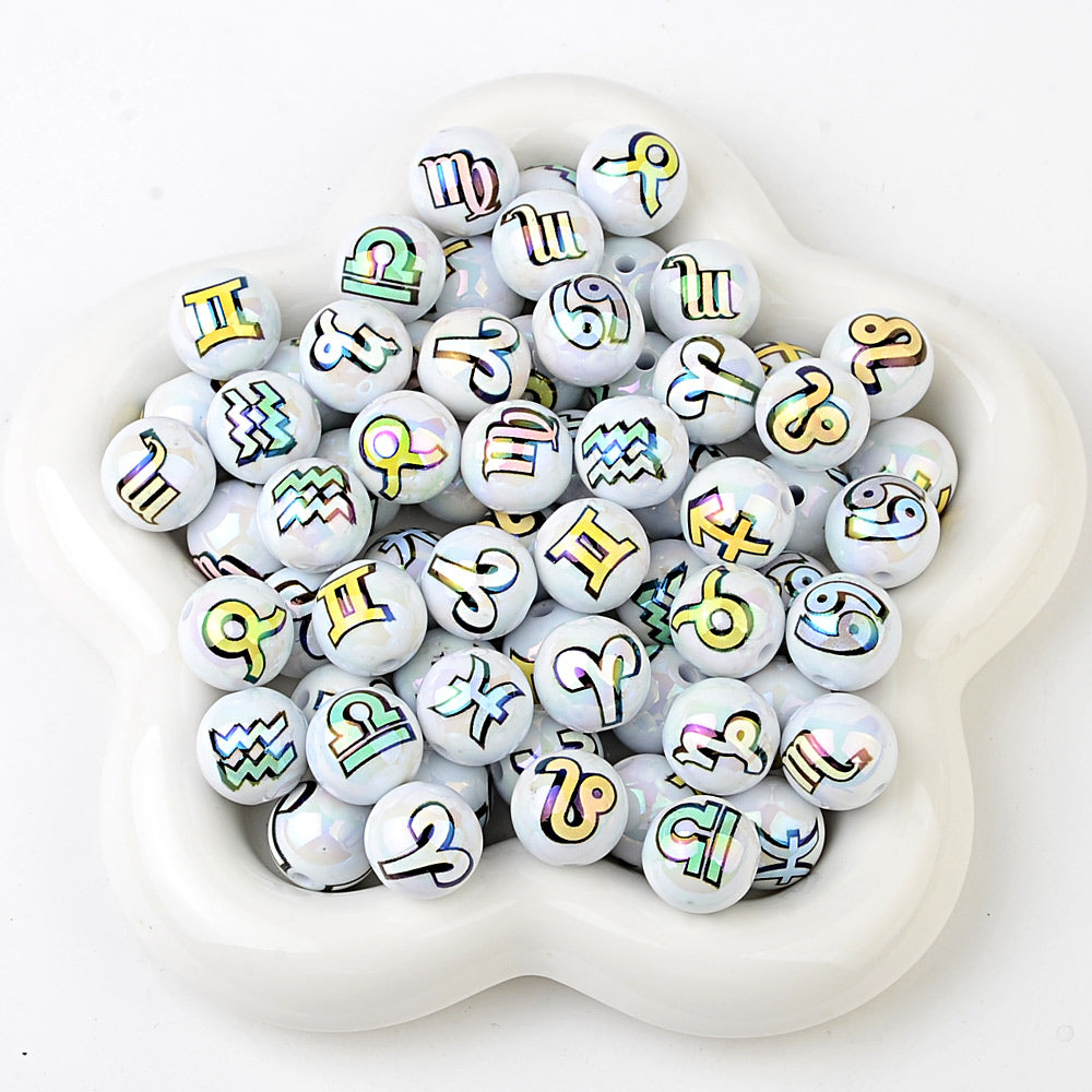16mm Zodiac Sign Bubblegum Beads, AB Luster Astrology Constellation | Acrylic Bead for DIY Bracelet Keychain Jewelry Making