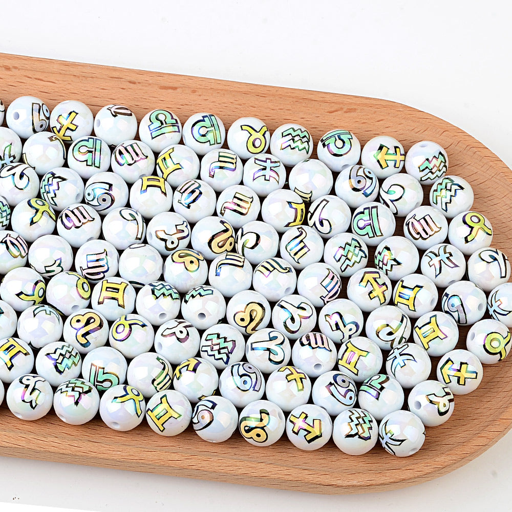 16mm Zodiac Sign Bubblegum Beads, AB Luster Astrology Constellation | Acrylic Bead for DIY Bracelet Keychain Jewelry Making