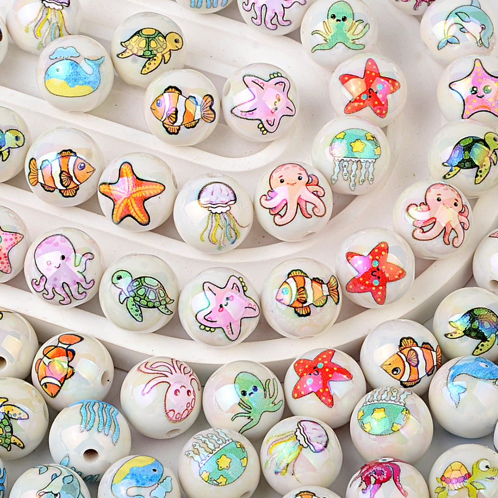 16mm Ocean Sea Life Bubblegum Beads, AB Luster Mixed Starfish | Acrylic Bead for DIY Bracelet Keychain Jewelry Making