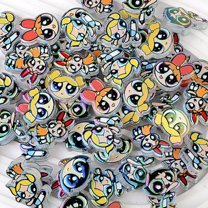 Powerpuff Girls Cartoon Characters Bubblegum Beads, AB Iridescent | Acrylic Bead for DIY Bracelet Keychain Jewelry Making
