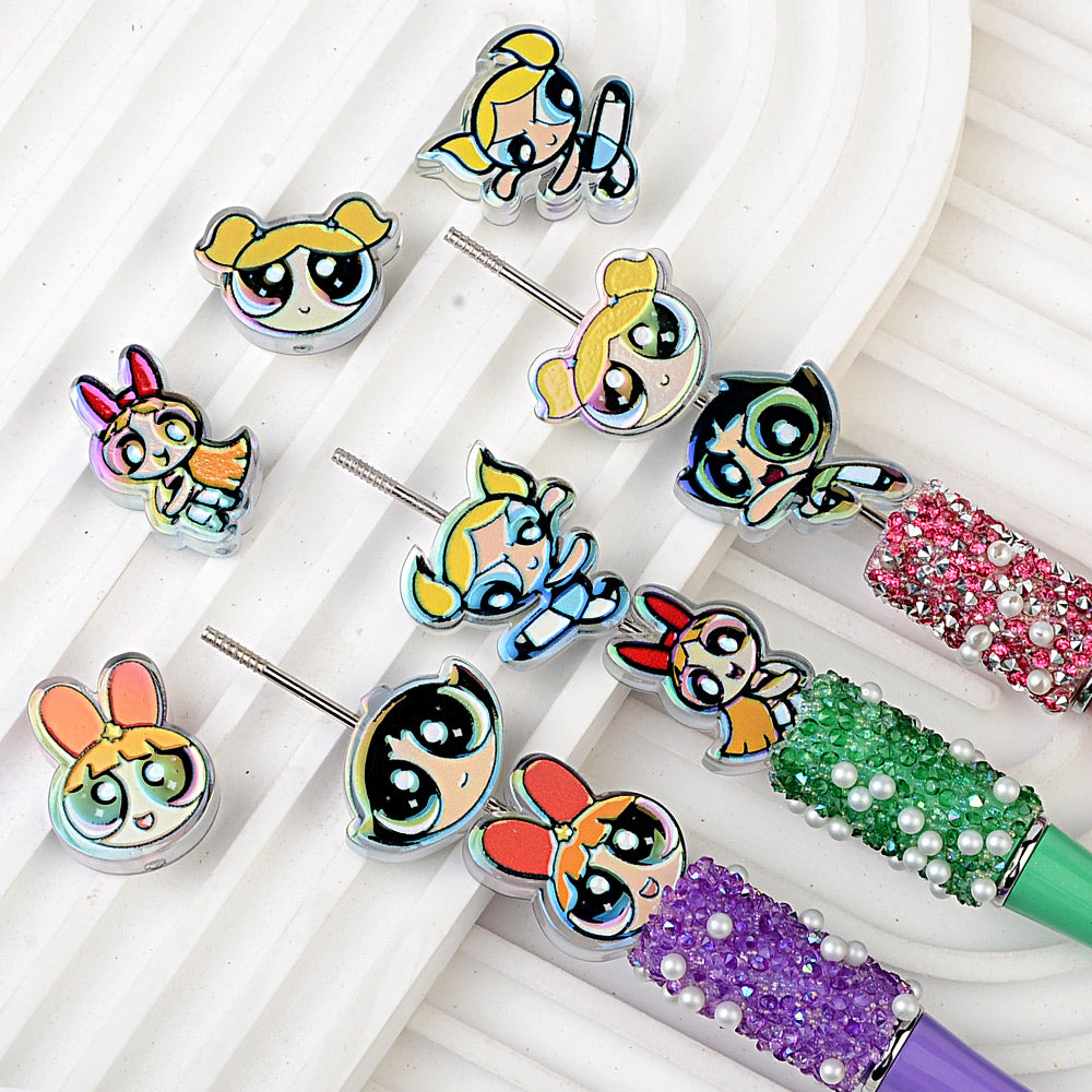 Powerpuff Girls Cartoon Characters Bubblegum Beads, AB Iridescent | Acrylic Bead for DIY Bracelet Keychain Jewelry Making