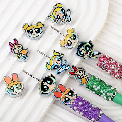 Powerpuff Girls Cartoon Characters Bubblegum Beads, AB Iridescent | Acrylic Bead for DIY Bracelet Keychain Jewelry Making