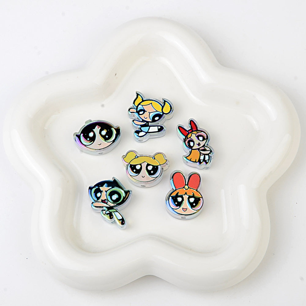Powerpuff Girls Cartoon Characters Bubblegum Beads, AB Iridescent | Acrylic Bead for DIY Bracelet Keychain Jewelry Making