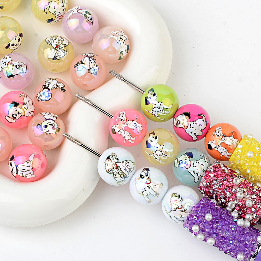 16mm 101 Dalmatians Bubblegum Beads, AB Luster Cute Spotted Dog | Acrylic Bead for DIY Bracelet Keychain Jewelry Making