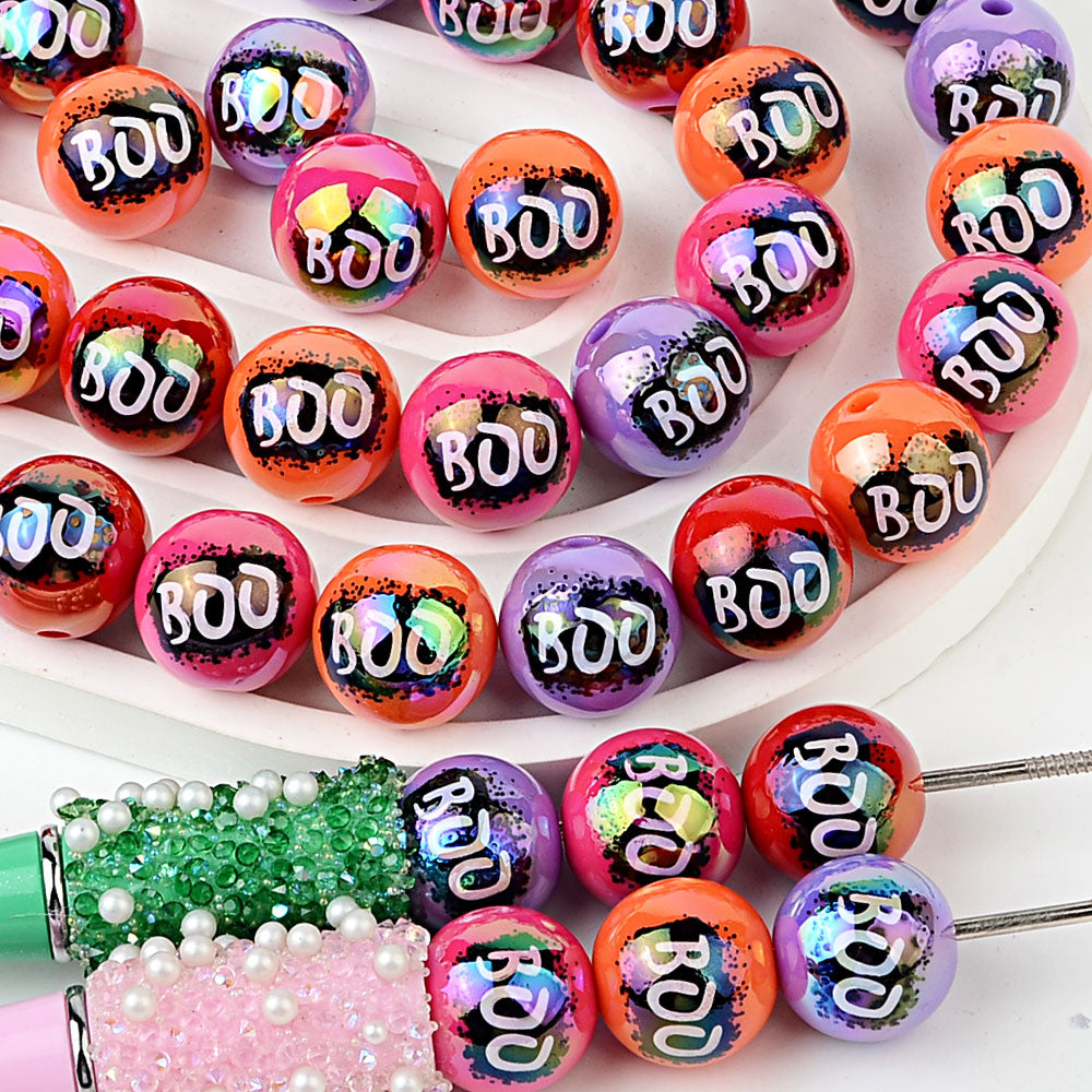 16mm Halloween BOO Bubblegum Beads, AB Luster Splatter Spooky | Acrylic Bead for DIY Bracelet Keychain Jewelry Making