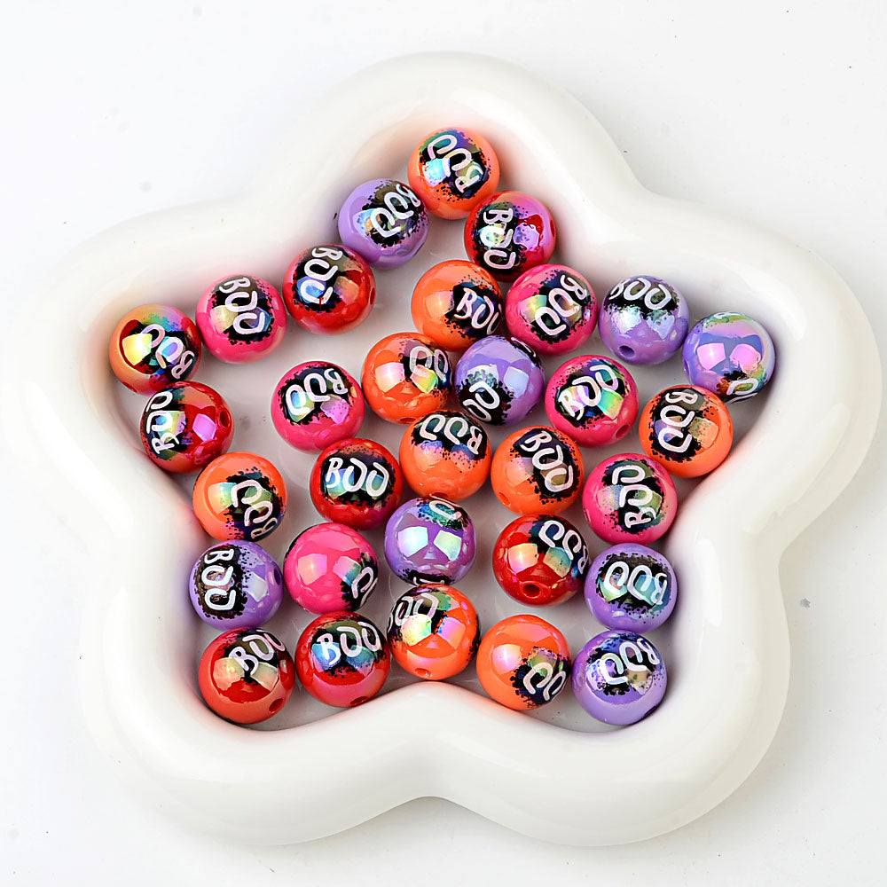 16mm Halloween BOO Bubblegum Beads, AB Luster Splatter Spooky | Acrylic Bead for DIY Bracelet Keychain Jewelry Making