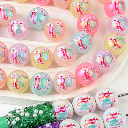 16mm RN Nurse Bubblegum Beads, AB Luster Registered Nurse Medical | Acrylic Bead for DIY Bracelet Keychain Jewelry Making
