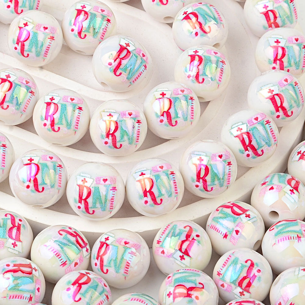 16mm RN Nurse Bubblegum Beads, AB Luster Registered Nurse Medical | Acrylic Bead for DIY Bracelet Keychain Jewelry Making
