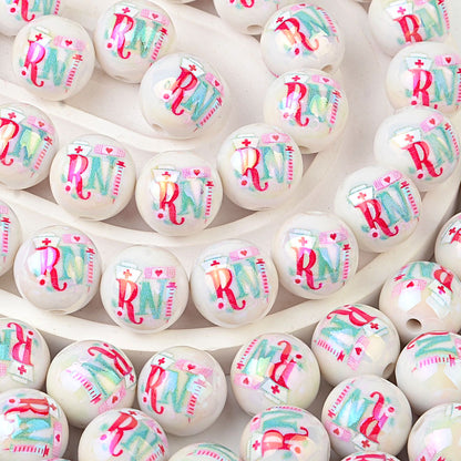 16mm RN Nurse Bubblegum Beads, AB Luster Registered Nurse Medical | Acrylic Bead for DIY Bracelet Keychain Jewelry Making