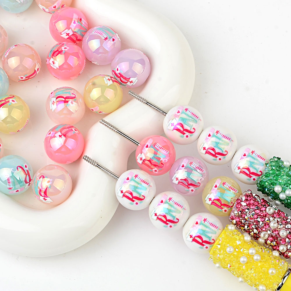 16mm RN Nurse Bubblegum Beads, AB Luster Registered Nurse Medical | Acrylic Bead for DIY Bracelet Keychain Jewelry Making