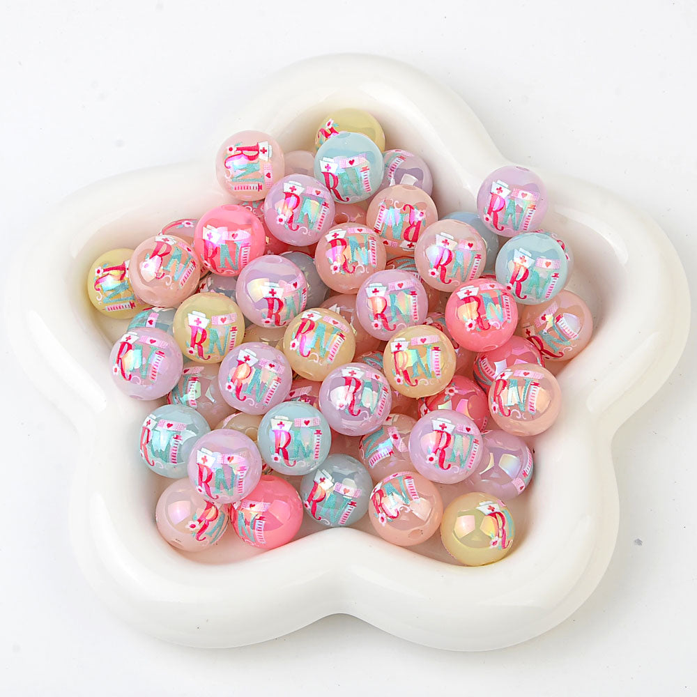16mm RN Nurse Bubblegum Beads, AB Luster Registered Nurse Medical | Acrylic Bead for DIY Bracelet Keychain Jewelry Making