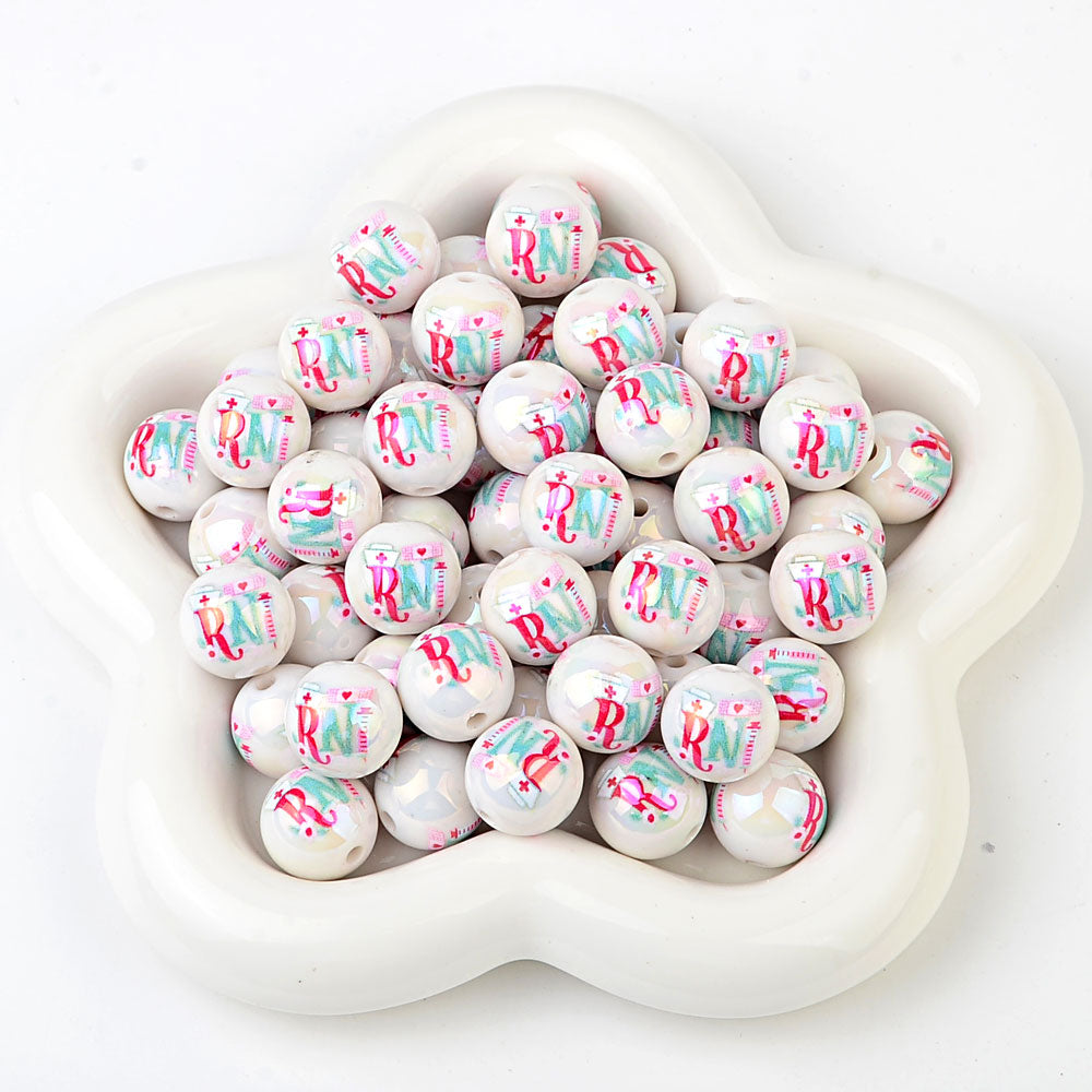 16mm RN Nurse Bubblegum Beads, AB Luster Registered Nurse Medical | Acrylic Bead for DIY Bracelet Keychain Jewelry Making