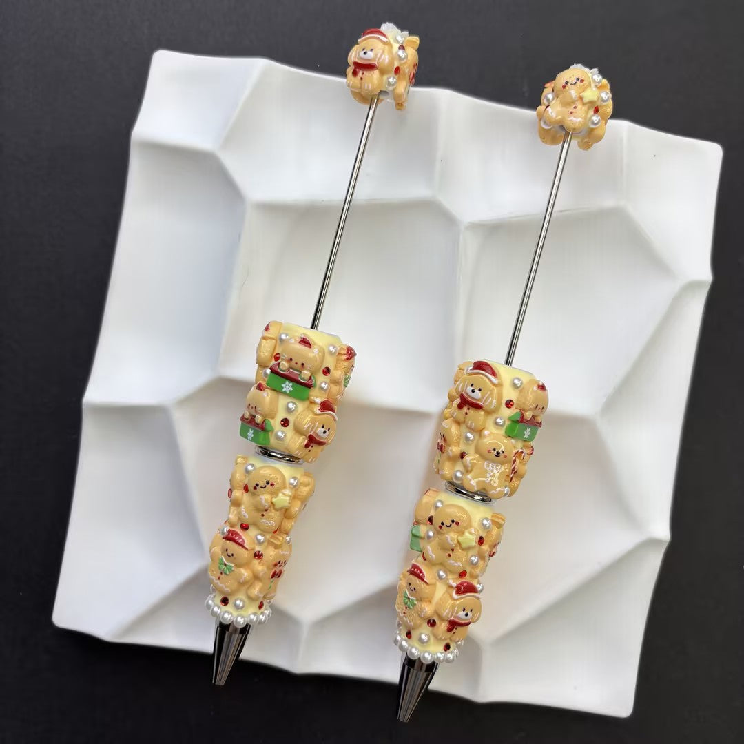 3D Christmas Gingerbread Man & Bear Cylinder Beads, Embossed Holiday Festive Resin | DIY Beadable Pen Craft Gift Idea