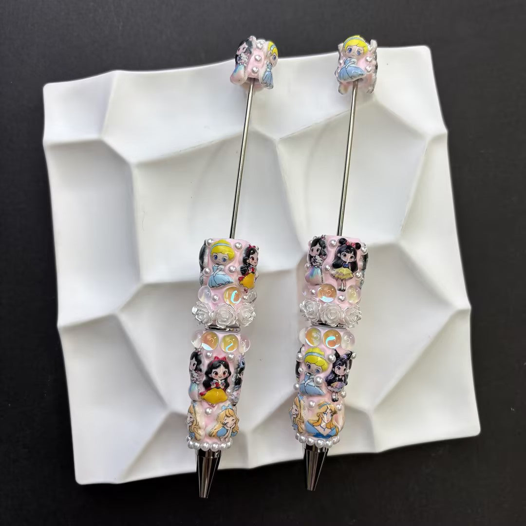 3D Disney Princesses Cylinder Beads, Embossed Fairy Tale Snow White Cinderella Resin | DIY Beadable Pen Craft Gift Idea