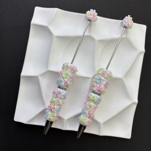 3D AB Iridescent Flower Cylinder Beads, Embossed Pastel Floral Faux Pearl Resin Spacer | DIY Beadable Pen Craft Gift Idea