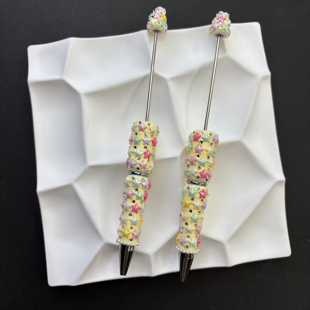 3D Glitter Star Cylinder Beads, Embossed Pastel Sparkle Rhinstone Faux Pearl Resin | DIY Beadable Pen Craft Gift Idea