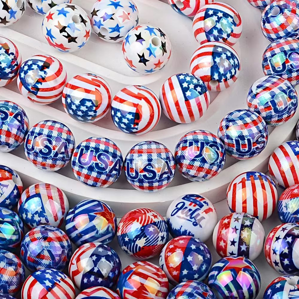 16mm Patriotic USA Flag UV Printed Acrylic Beads, Double-Sided 4th of July Round Spacer Beads for DIY Beadable Pens, Keychains, Car Hanging Ornaments Crafting