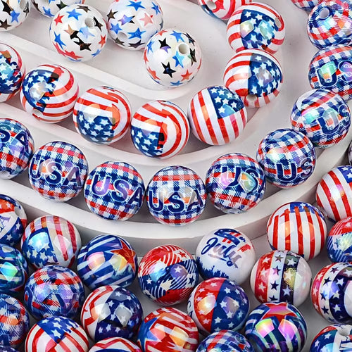 16mm Patriotic USA Flag UV Printed Acrylic Beads, Double-Sided 4th of July Round Spacer Beads for DIY Beadable Pens, Keychains, Car Hanging Ornaments Crafting