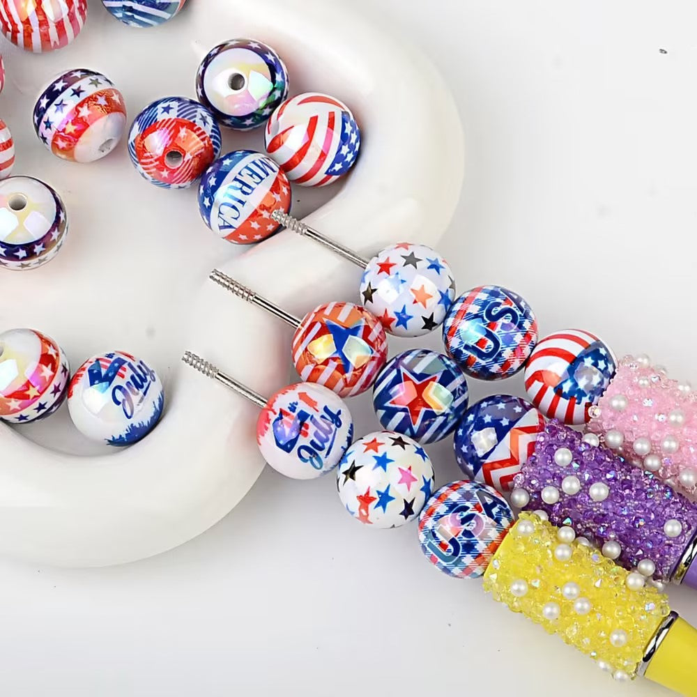 16mm Patriotic USA Flag UV Printed Acrylic Beads, Double-Sided 4th of July Round Spacer Beads for DIY Beadable Pens, Keychains, Car Hanging Ornaments Crafting