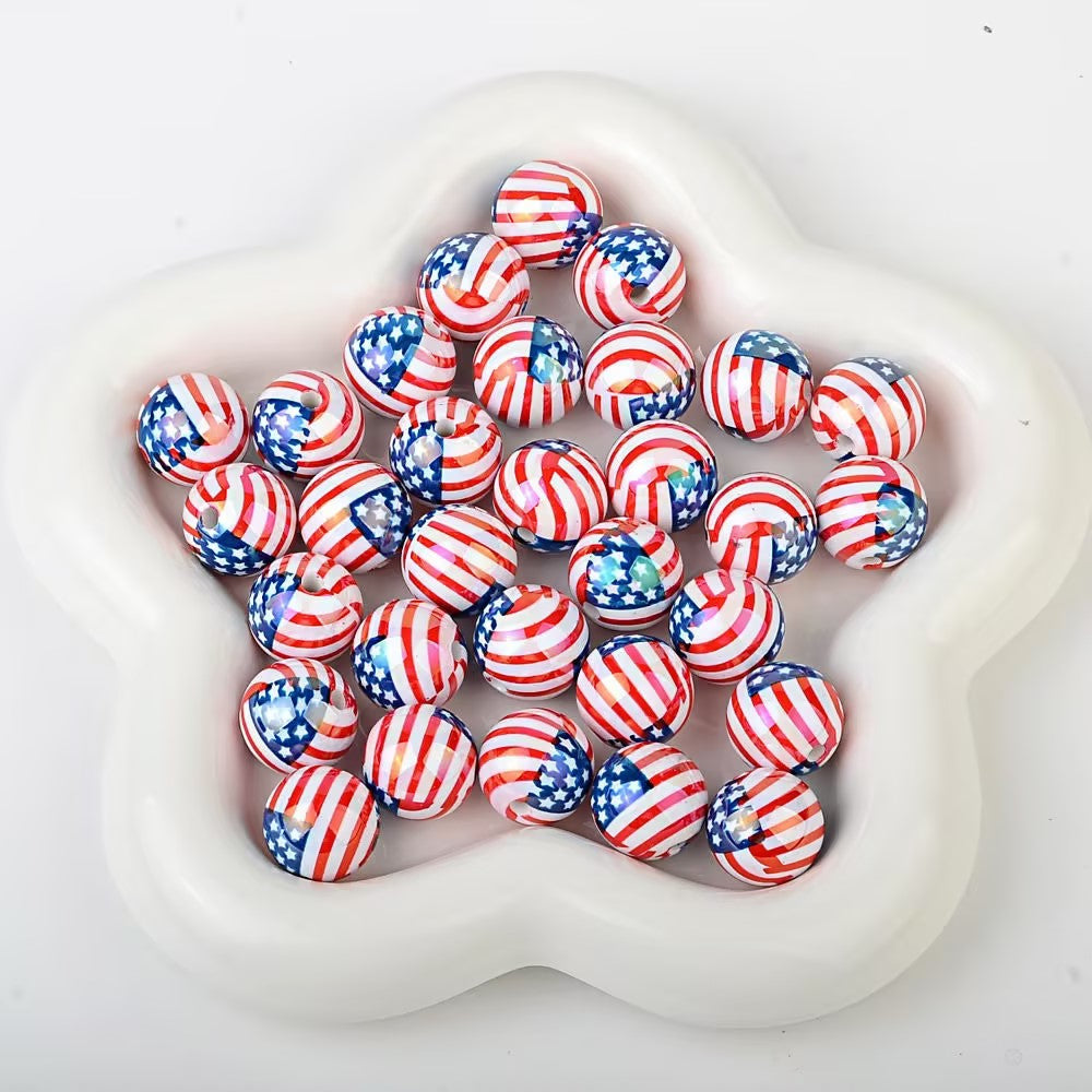 16mm Patriotic USA Flag UV Printed Acrylic Beads, Double-Sided 4th of July Round Spacer Beads for DIY Beadable Pens, Keychains, Car Hanging Ornaments Crafting