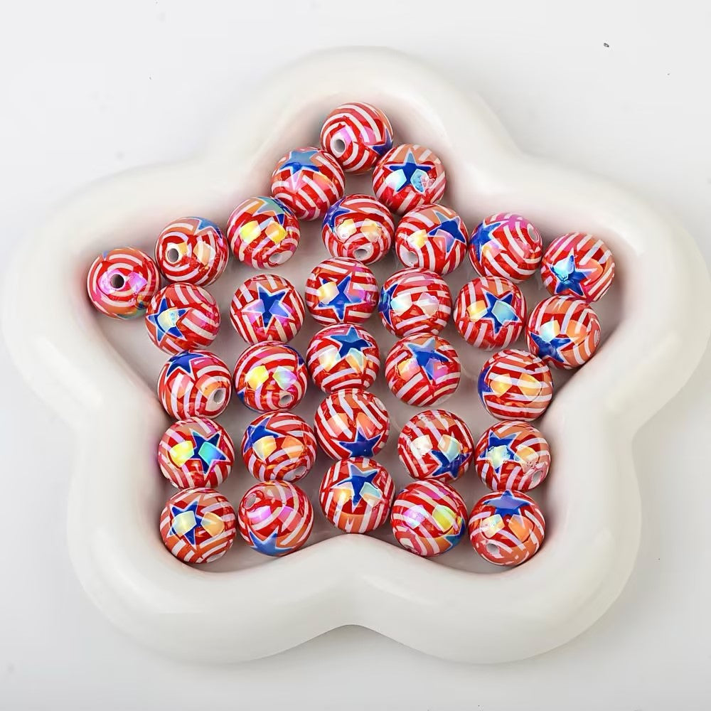 16mm Patriotic USA Flag UV Printed Acrylic Beads, Double-Sided 4th of July Round Spacer Beads for DIY Beadable Pens, Keychains, Car Hanging Ornaments Crafting