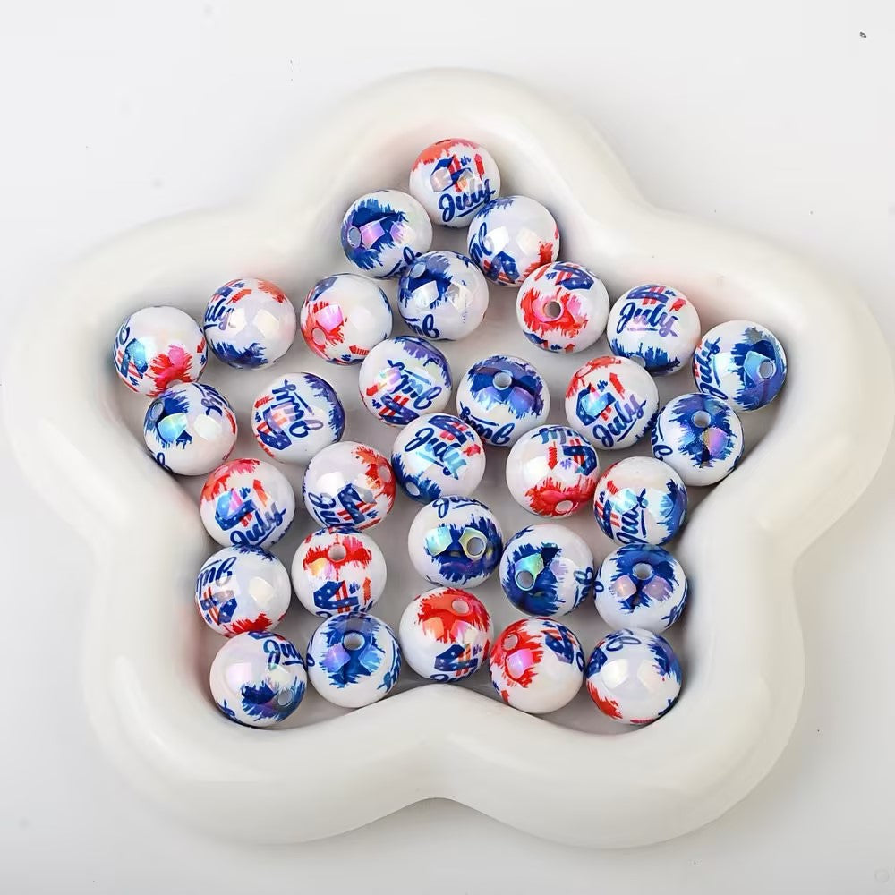 16mm Patriotic USA Flag UV Printed Acrylic Beads, Double-Sided 4th of July Round Spacer Beads for DIY Beadable Pens, Keychains, Car Hanging Ornaments Crafting