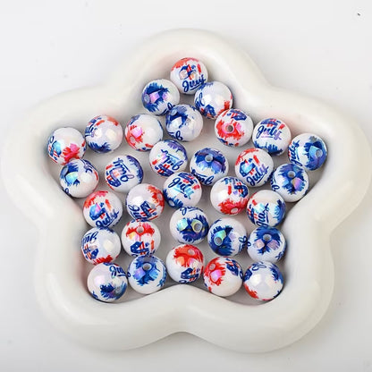 16mm Patriotic USA Flag UV Printed Acrylic Beads, Double-Sided 4th of July Round Spacer Beads for DIY Beadable Pens, Keychains, Car Hanging Ornaments Crafting