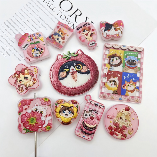 Faux Embroidery Cat Acrylic Beads, 3D Effect Stitch Texture UV Printed Mixed Shape Spacer Beads for DIY Beadable Pens, Keychains, Cute Bag Charms Crafting