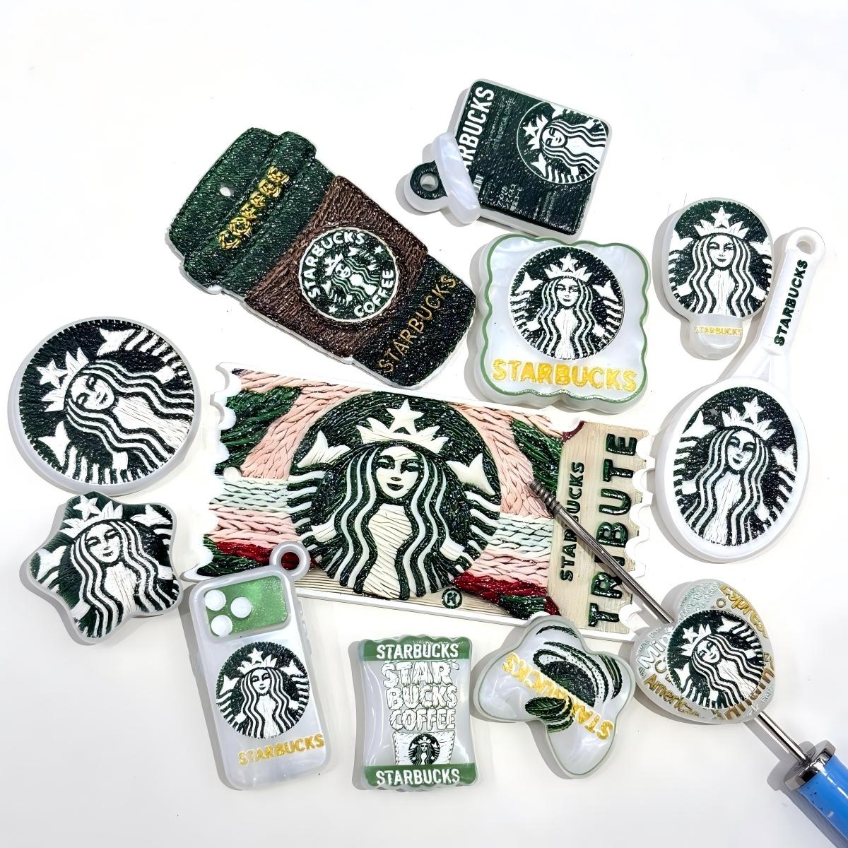 3D Starbucks Coffee Acrylic Focal Beads & Charms, Faux Embroidery Texture Double-Sided Spacer Beads with Holes for DIY Beadable Pens, Keychains, Bag Pendants