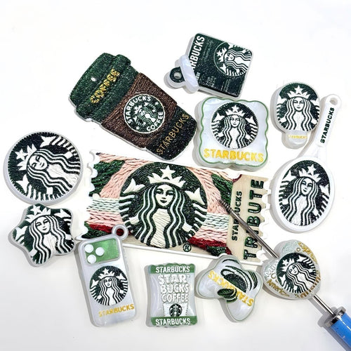 3D Starbucks Coffee Acrylic Focal Beads & Charms, Faux Embroidery Texture Double-Sided Spacer Beads with Holes for DIY Beadable Pens, Keychains, Bag Pendants