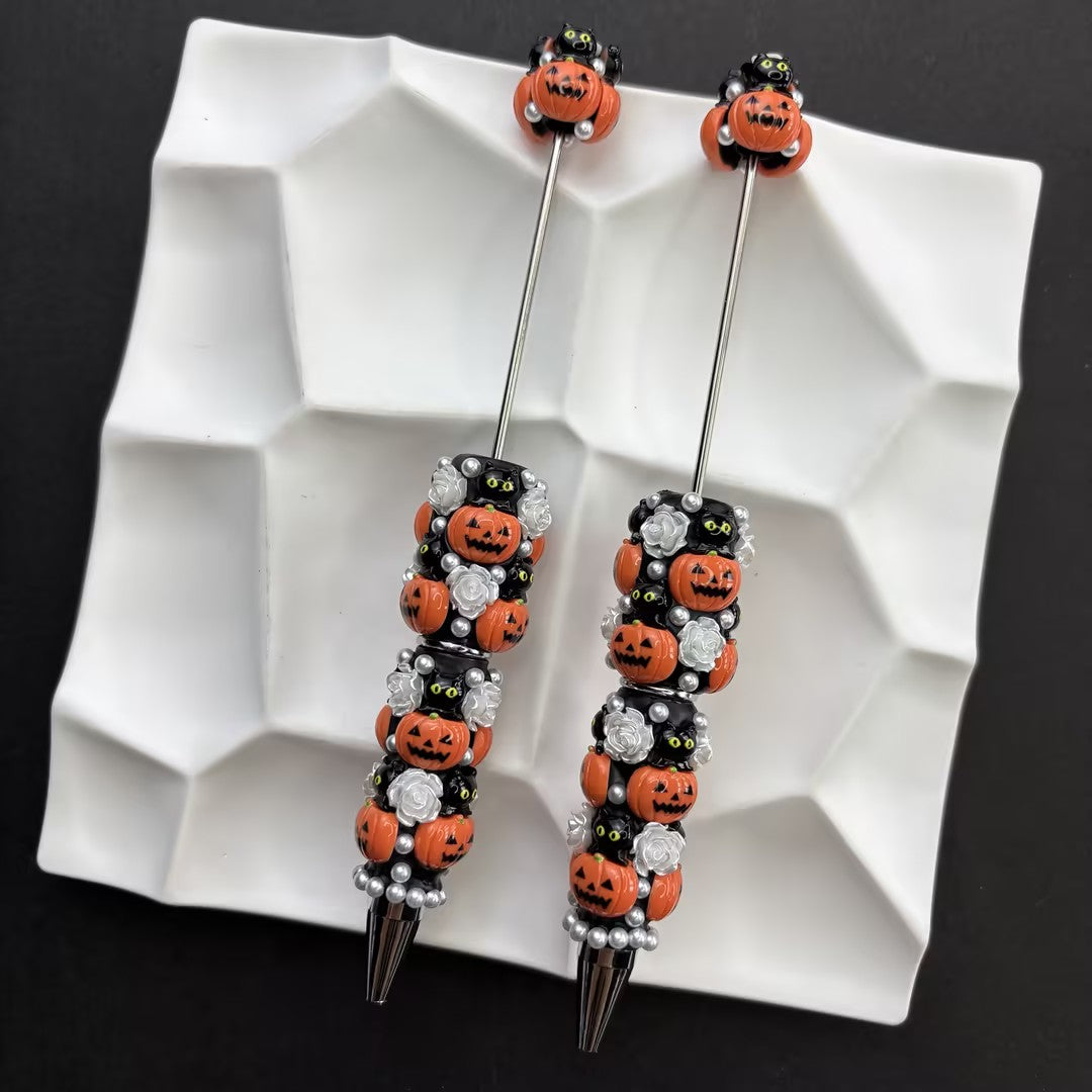 Halloween Pumpkin Beadable Pens | Spooky Black Cat & Jack-O-Lantern Custom Ballpoint Pen | Cute Ghostly Holiday Stationery Gift for Teachers, Writers, Desk Decor