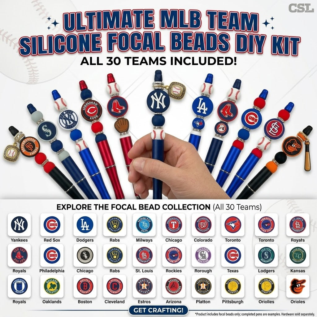 Custom MLB Team Silicone Focal Beads - 30 Major League Baseball Styles for DIY Crafting & Beadable Pens