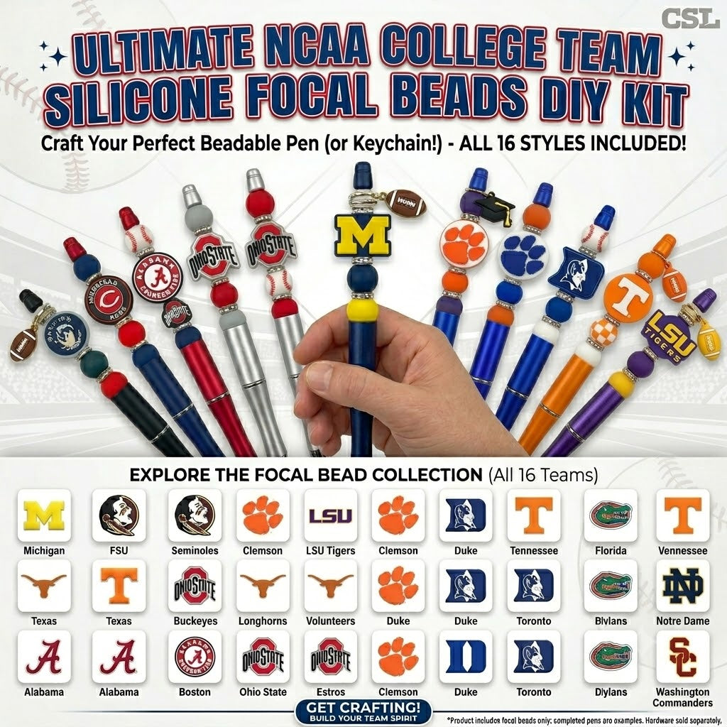 NCAA College Sports Team Silicone Focal Beads - 16 Styles for DIY Crafting & Beadable Pens