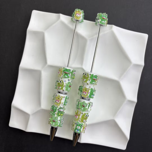 Cute Cartoon Frog Beadable Pens - Kawaii Green Froggy Holiday Ballpoint Pen with Rhinestones
