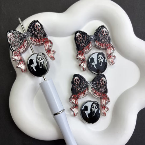 Bloody Bow & Ghost Slasher Acrylic Loose Beads - Spooky Movie Theme Character Beads Pack for Keychain & Pen Crafting