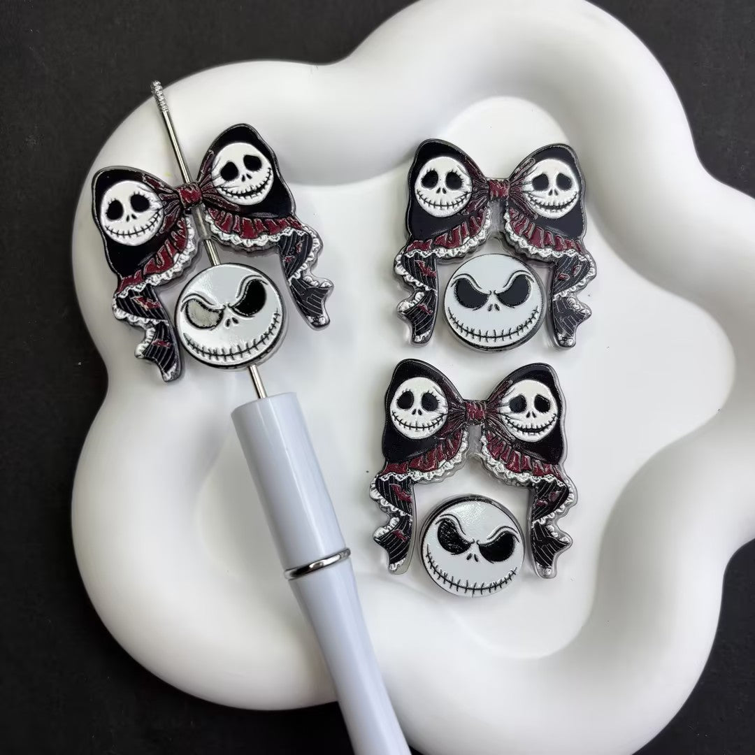 Dark Lace Bow & Pumpkin King Acrylic Loose Beads - Spooky Animation Character Beads Pack for Keychain & Pen Crafting