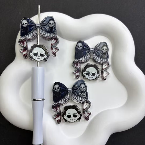 Gothic Lace Bow & Slasher Mask Acrylic Loose Beads - Spooky Horror Movie Theme Character Beads Pack for Keychain & Pen Crafting
