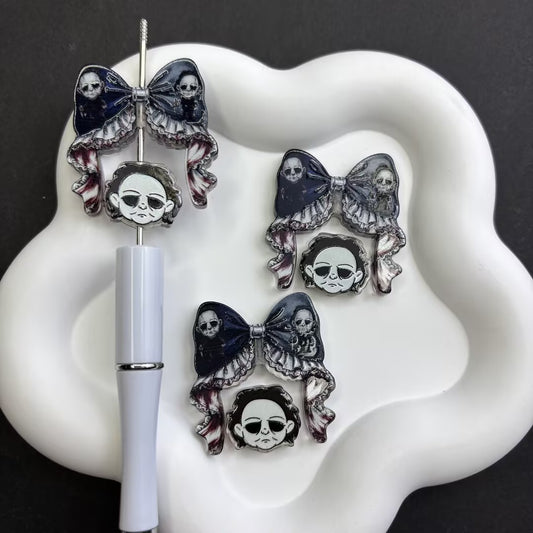 Gothic Lace Bow & Slasher Mask Acrylic Loose Beads - Spooky Horror Movie Theme Character Beads Pack for Keychain & Pen Crafting