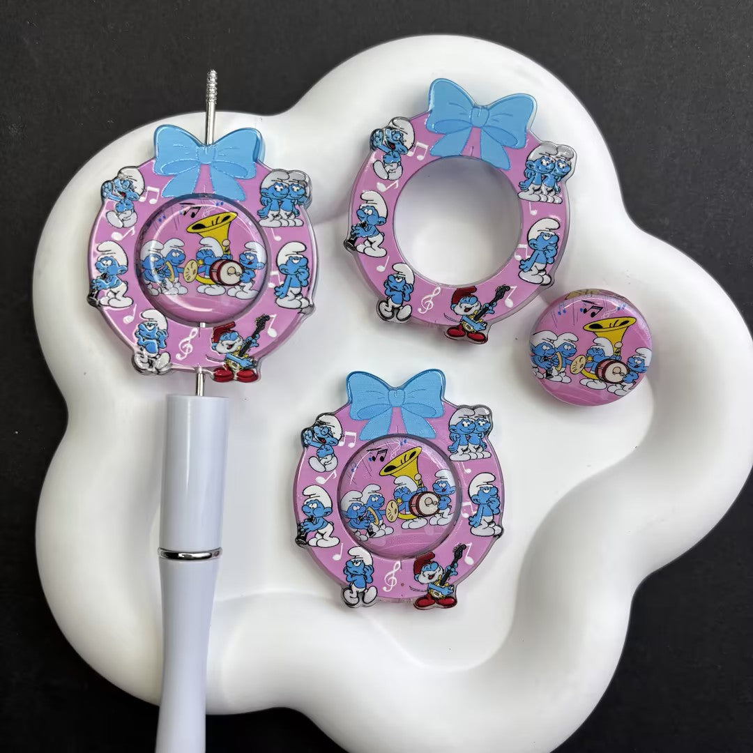 Kawaii Pink Wreath Bow & Smurf Marching Band Acrylic Loose Beads - Nostalgic Cartoon Focal Beads Pack for Keychain & Pen Crafting