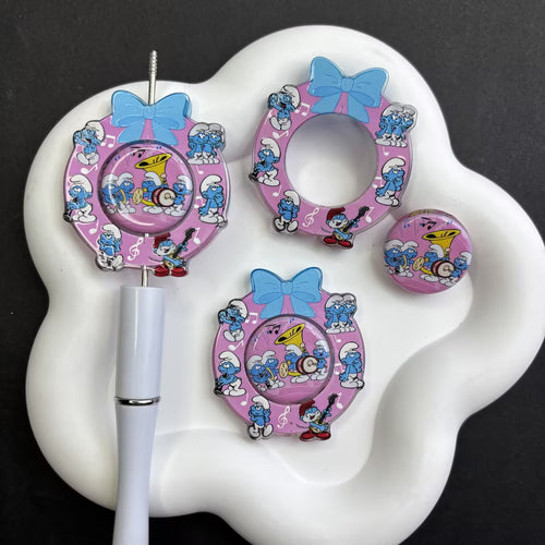 Kawaii Pink Wreath Bow & Smurf Marching Band Acrylic Loose Beads - Nostalgic Cartoon Focal Beads Pack for Keychain & Pen Crafting