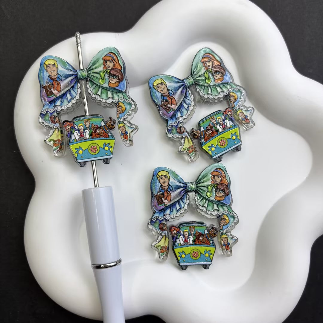 Kawaii Lace Bow & Cartoon Detective Squad Acrylic Loose Beads - Nostalgic Spooky Mystery Van Beads Pack for Keychain & Pen Crafting