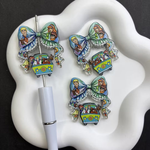 Kawaii Lace Bow & Cartoon Detective Squad Acrylic Loose Beads - Nostalgic Spooky Mystery Van Beads Pack for Keychain & Pen Crafting