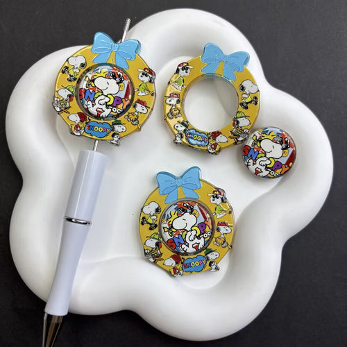 Kawaii Yellow Wreath Bow & Cartoon Dog Acrylic Loose Beads - Nostalgic Comic Strip Beads Pack for Keychain & Pen Crafting