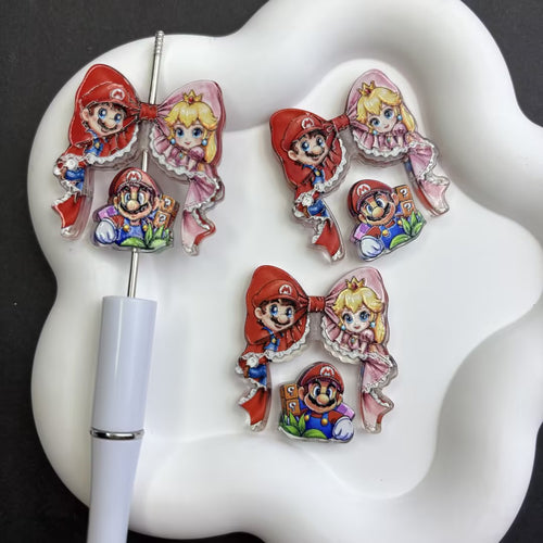 Cute Retro Video Game Character Acrylic Beads for DIY Beadable Pens - Bulk Cartoon Mario & Princess Focal Beads Only (No Pens)