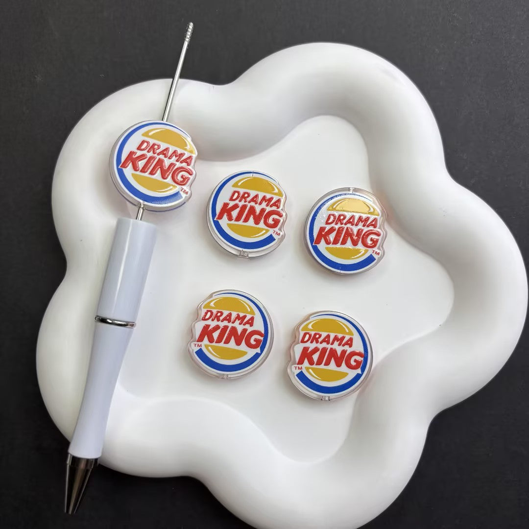 Funny Drama King Acrylic Beads for DIY Beadable Pens - Bulk Parody Fast Food Burger Logo Focal Beads Only (No Pens)