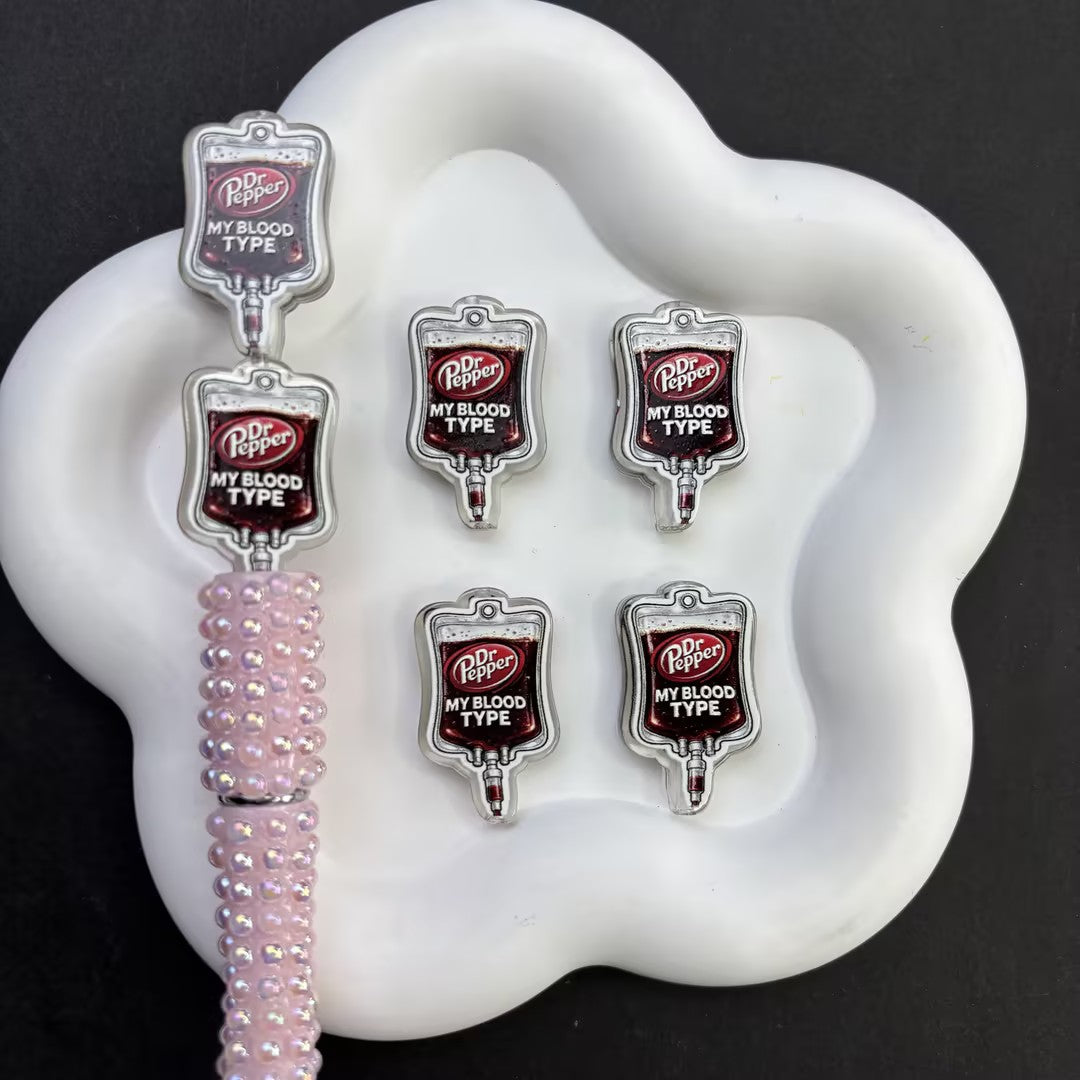 Funny Soda Addict IV Bag Acrylic Beads for DIY Beadable Pens - Bulk Dr Pepper My Blood Type Focal Beads Only (No Pens)