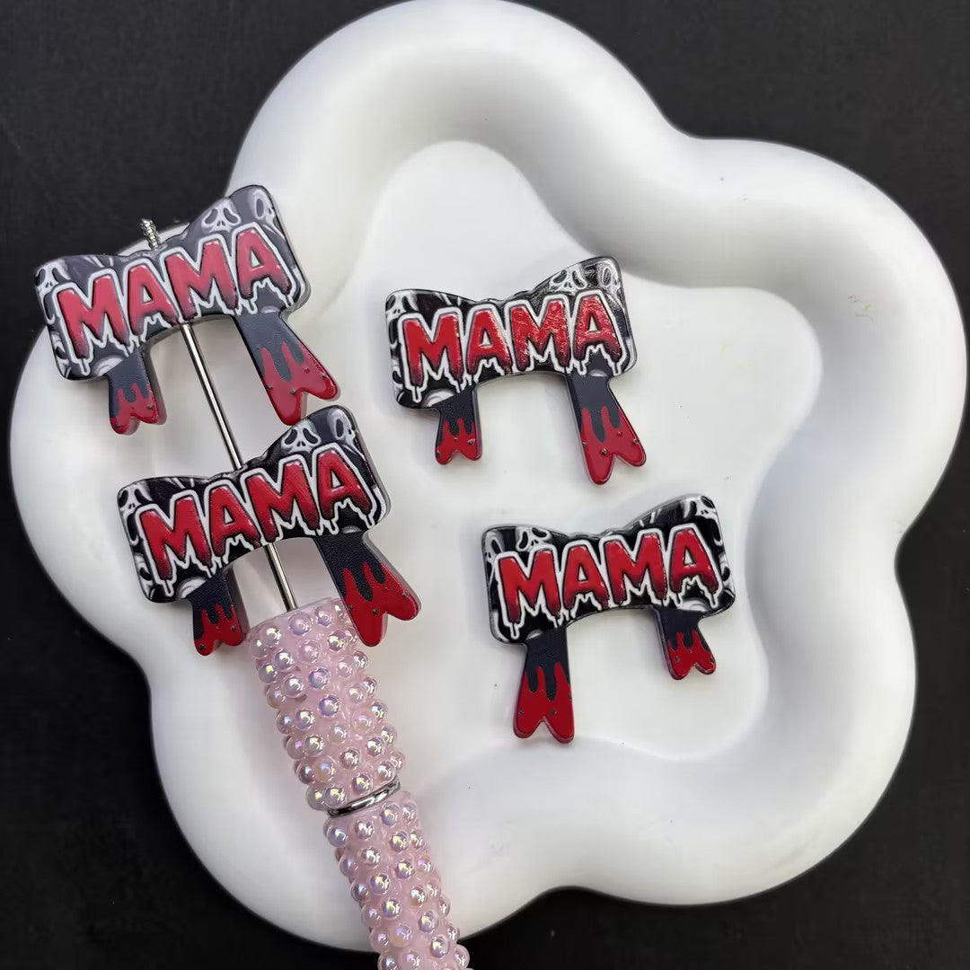 Gothic Horror "MAMA" Bowknot Silicone Focal Beads - Halloween Dripping Blood Bow Large Hole Acrylic Charms for DIY Beadable Pens, Keychains & Craft Supplies