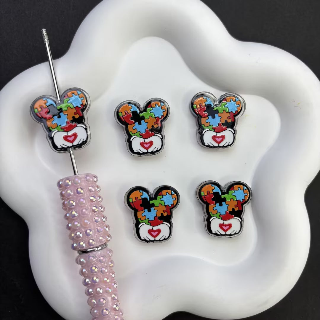 Autism Awareness Mouse Silicone Focal Beads - Colorful Puzzle Piece Head Large Hole Acrylic Charms for DIY Beadable Pens, Keychains & Craft Supplies