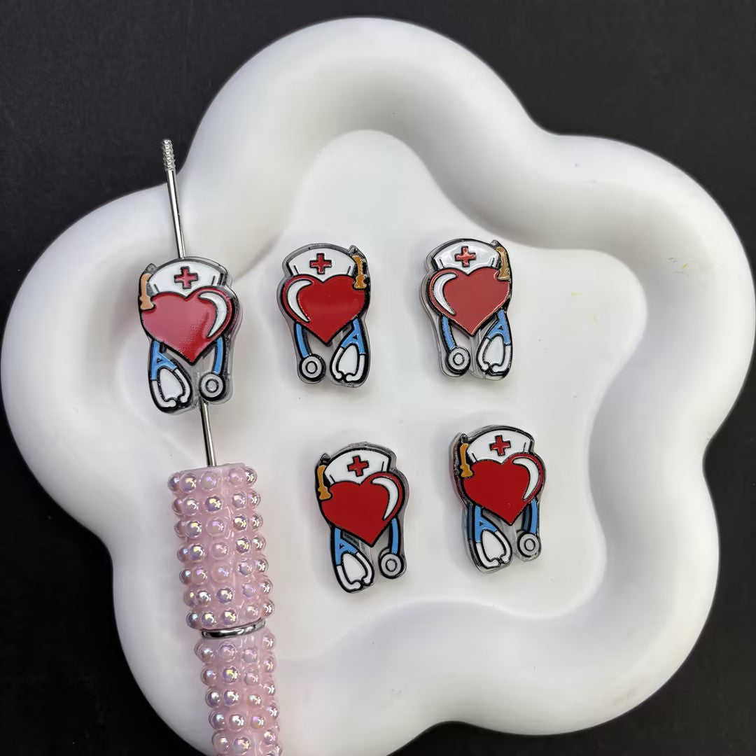 Nurse Hat Heart Stethoscope Silicone Focal Beads - Medical Healthcare Theme Large Hole Acrylic Charms for DIY Beadable Pens, Keychains & Craft Supplies