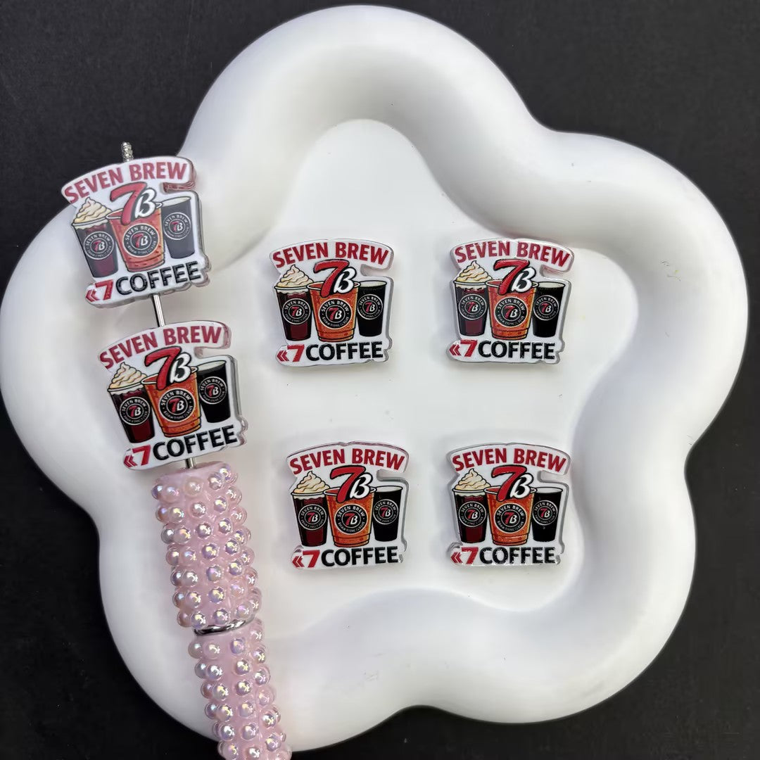 7 Brew Coffee Inspired Silicone Focal Beads - Seven Brew Latte Cup Large Hole Acrylic Charms for DIY Beadable Pens, Keychains & Craft Supplies
